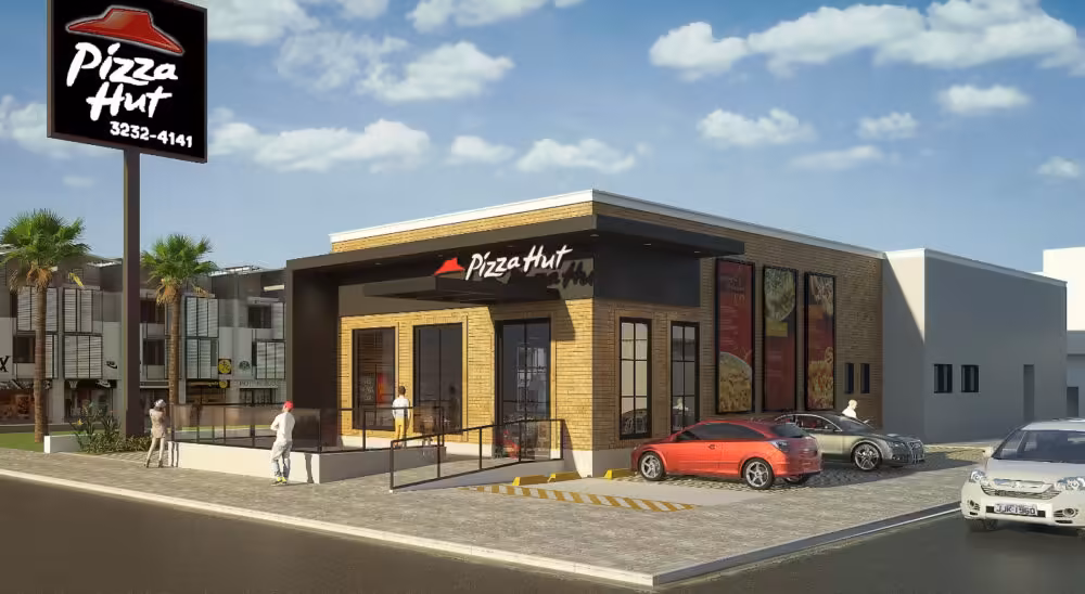 Perspectiva 3D da fachada da nova loja do Pizza Hut, que será inaugurada ainda em novembro em Natal